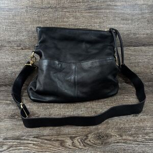 Margot Crossbody Bag Black Leather Adjustable Strap Gold Hardware Zip Pockets